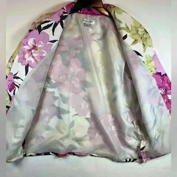 Coldwater Creek Floral blazer jacket‎ size L linen silk blend lined 3/4 sleeve - Picture 7 of 9